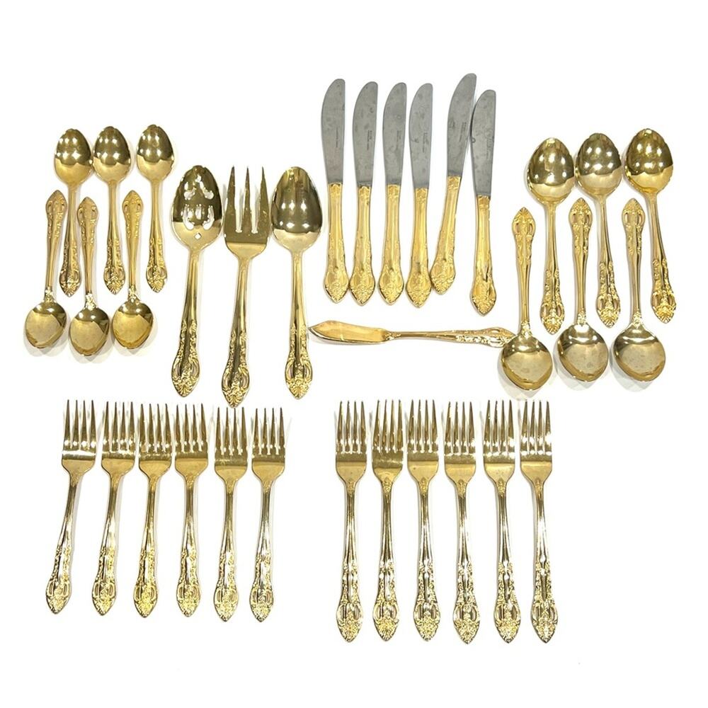 Hanford Forge H.F. LTD pierced rose versailles gold plated stainless flatware